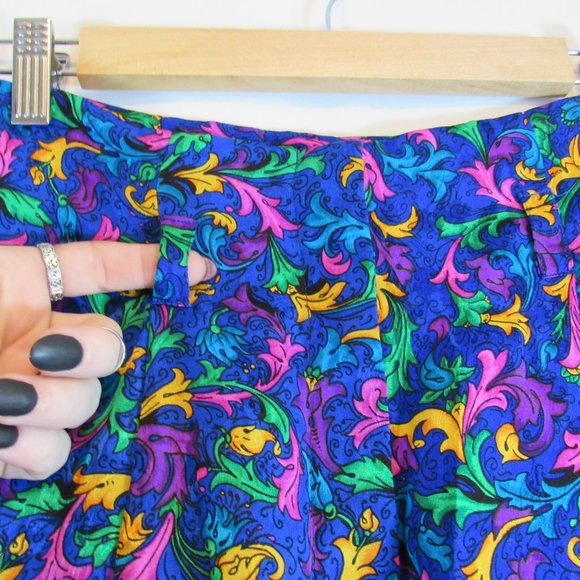 Vintage Flora Kung Blue Multicolor Floral High Waist Silk Pants - Picture 6 of 9